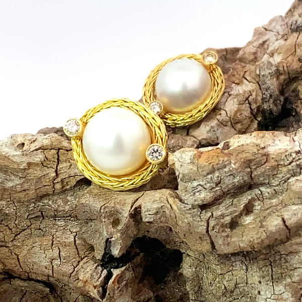 Georgios Collections 18 Karat Yellow Gold Diamond and South Sea Pearl Earrings