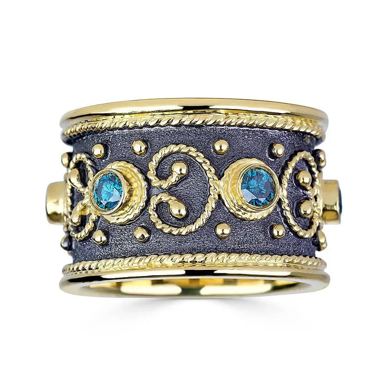 Georgios Collections 18 Karat Yellow Gold Diamond Band Ring with Blue Diamonds