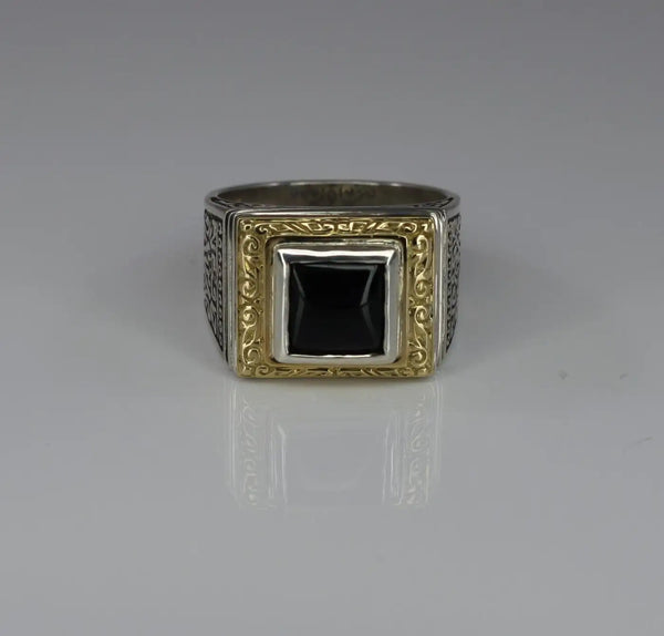 Georgios Collections 18 Karat Gold and Silver Mens Two-Tone Ring with Onyx