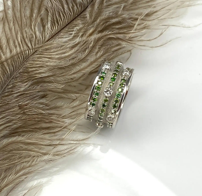 Georgios Collections 18 Karat White Gold Green and White Diamond Band Ring