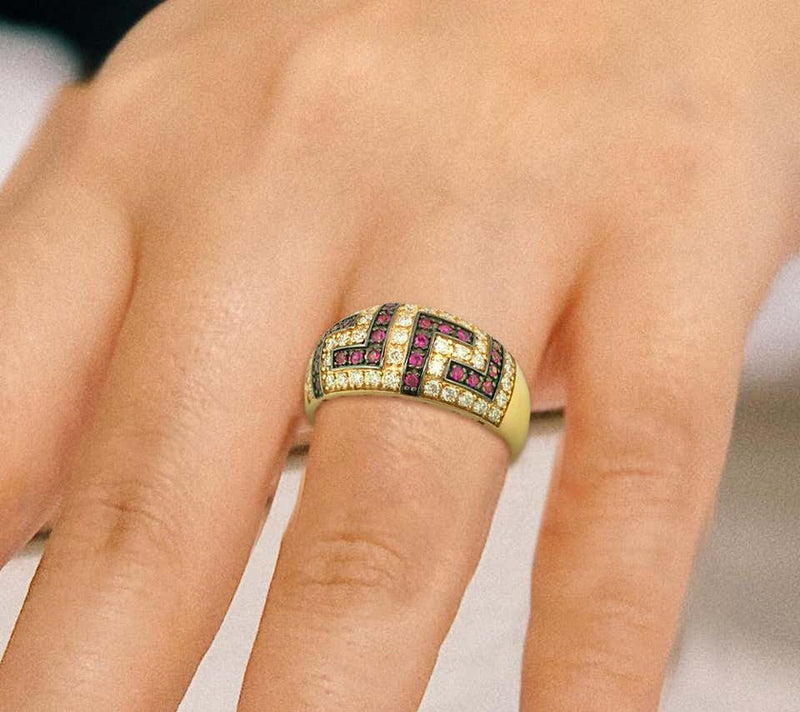 18 Karat Yellow Gold Ruby Diamond Two-Tone Greek Key Ring