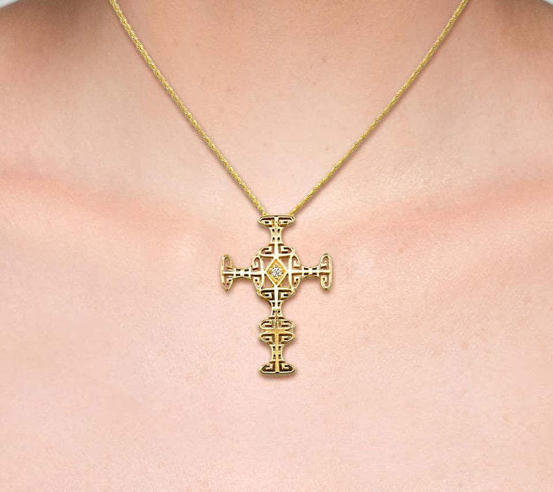18 Karat Yellow Gold Diamond Greek Key Cross with Chain