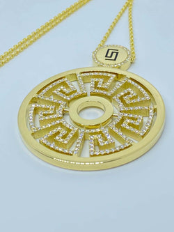 18 Karat Yellow Gold Diamond Greek Key Round Drop Pendant
