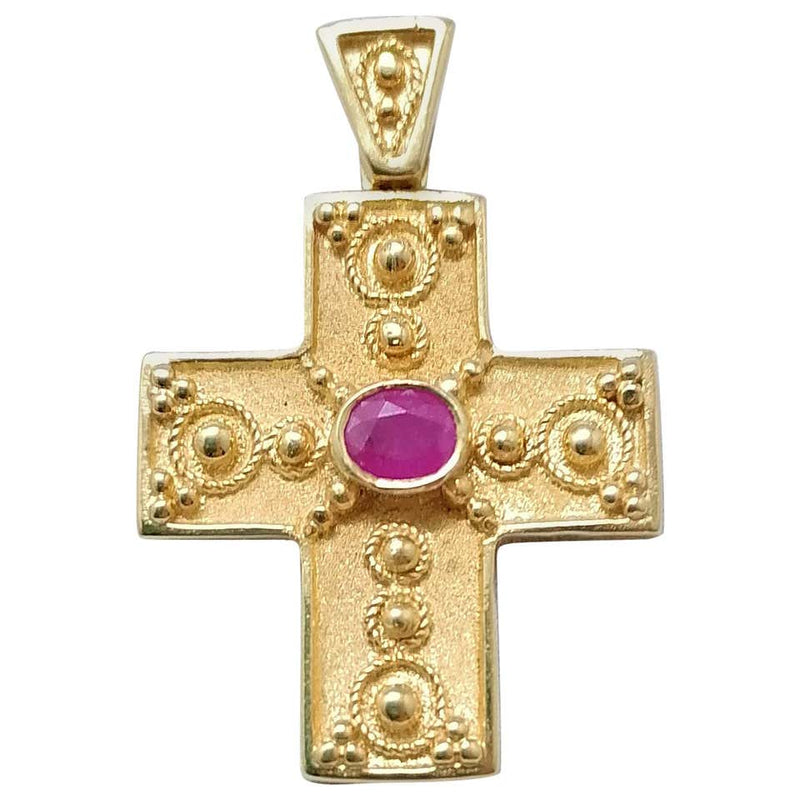 18 Karat Yellow Gold Ruby Granulated Cross Pendant