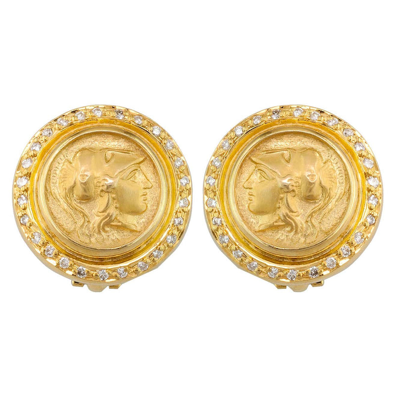 18 Karat Gold Clip Earrings with Athina Coin and Diamonds