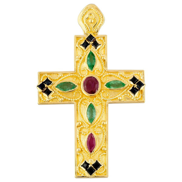 18 Karat Gold Ruby, Sapphire and Emerald Byzantine Cross