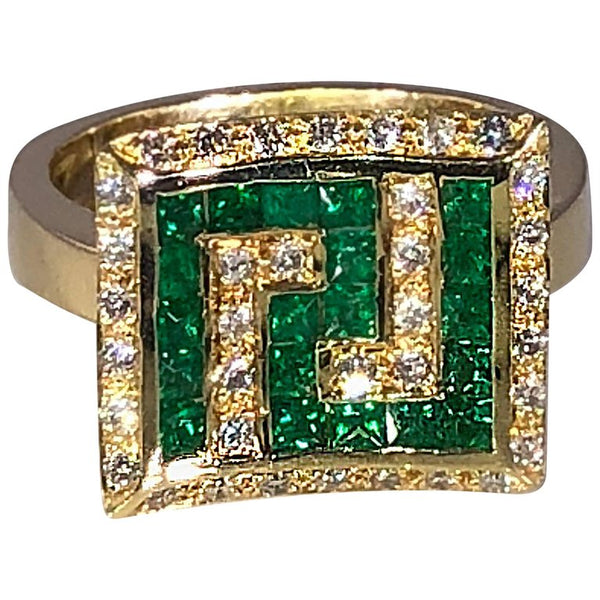 18 Karat Yellow Gold Diamond Emerald Greek Key Design Ring