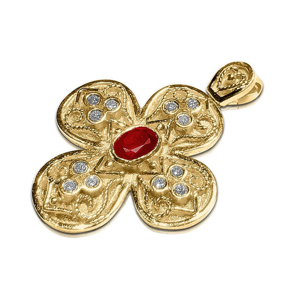 18 Karat Gold Ruby Cross with Diamonds and Granulation work