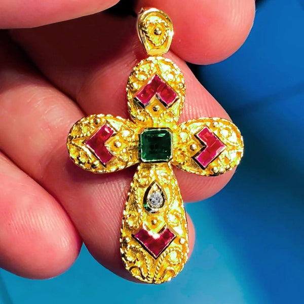18 Karat Yellow Gold Emerald Ruby and Diamond Cross