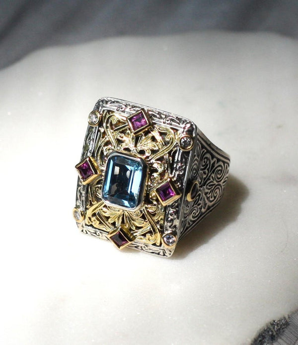 18 Karat Gold and Silver Ring with Tourmalines and Diamonds