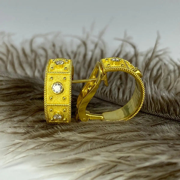 18 Karat Gold Byzantine Clip Hoop Earrings with Diamonds