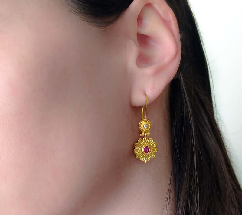 18 Karat Yellow Gold Diamond and Ruby Floral Drop Earrings