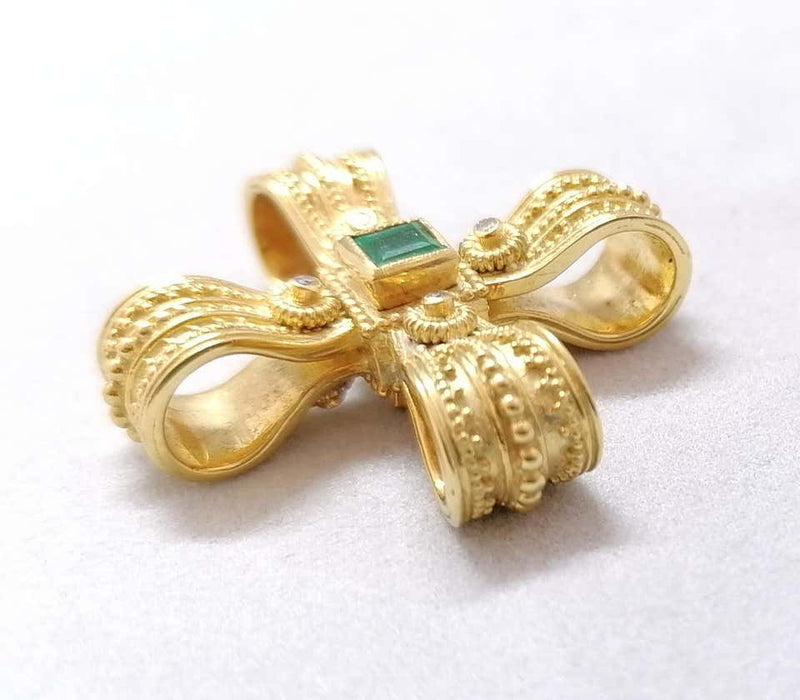 18 Karat Yellow Gold Diamond Emerald and Sapphire Cross