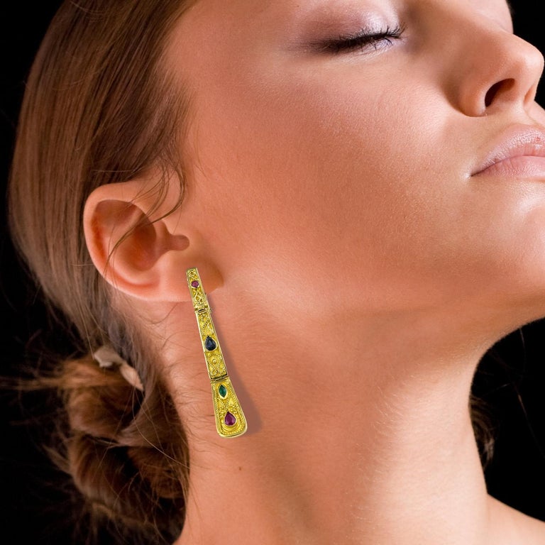 18 Karat Yellow Gold Ruby Sapphire Emerald Long Earrings