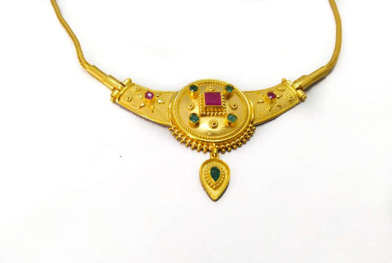 18 Karat Yellow Gold Ruby Emerald Drop Pendant Necklace