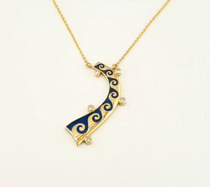 18 Karat Yellow Gold Diamond Blue Wave Pendant Necklace