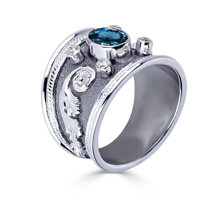 18 Karat White Gold Diamond Ring with London Blue Topaz