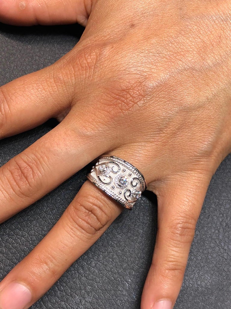 18 Karat White Gold Diamond Byzantine Ring With Granulation