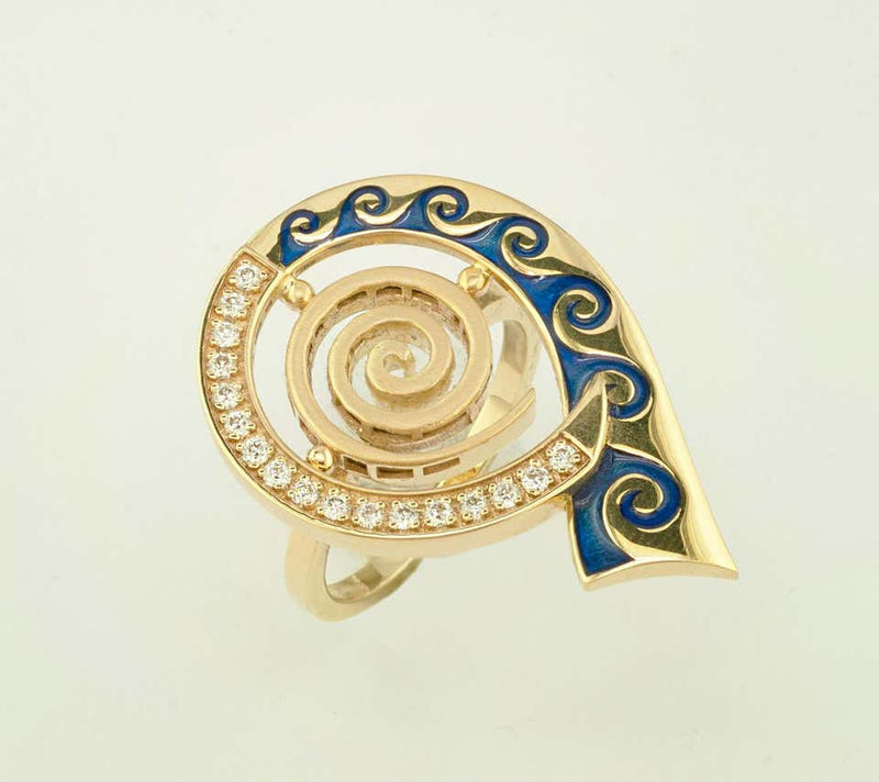 18 Karat Yellow Gold Diamond Blue Enamel Greek Key Ring