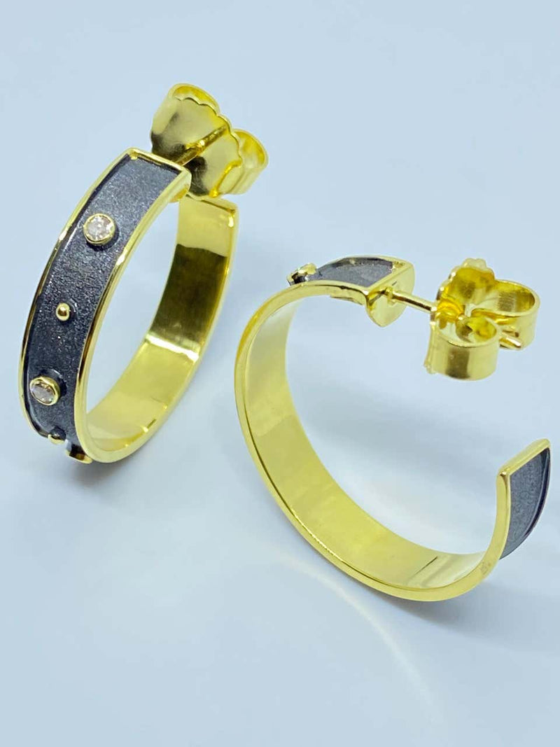 18 Karat Yellow Gold and Diamond Two Tone Hoop Earrings
