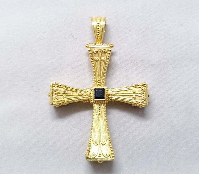 18 Karat Yellow Gold Emerald Sapphire Reversible 3-D Cross