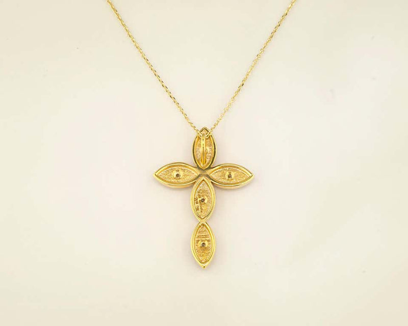 18 Karat Yellow Gold Diamond Byzantine Style Cross and Chain