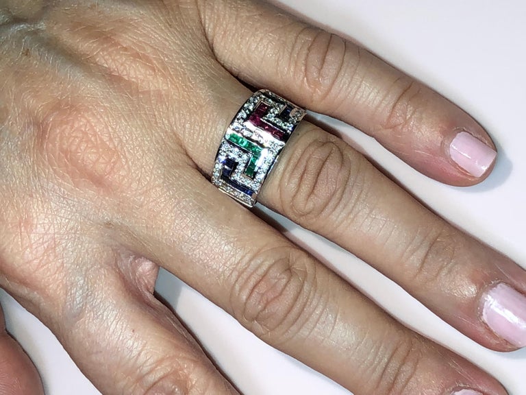 18 Karat White Gold Diamond Sapphire Ruby Emerald Key Ring