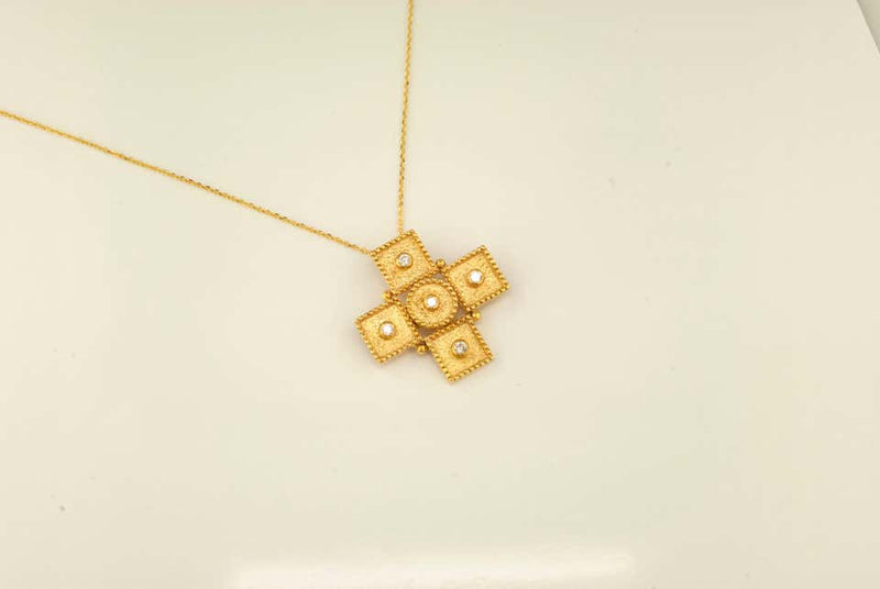 18 Karat Yellow Gold Diamond Geometric Cross Chain Necklace