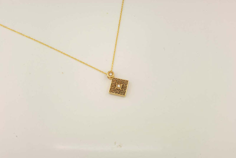 18 Karat Yellow Gold Diamond Greek Key Pendant Necklace