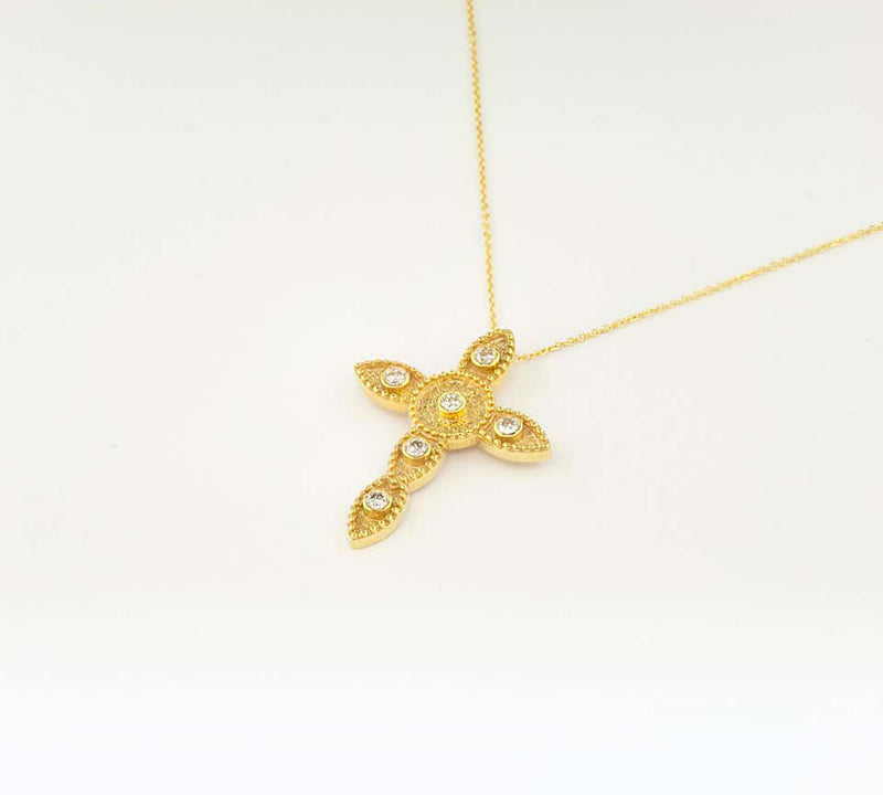 18 Karat Yellow Gold Diamond Thin Cross Pendant Necklace