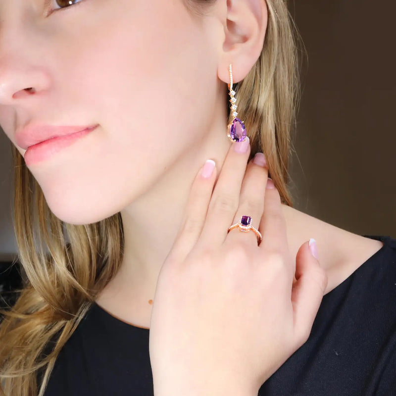 Georgios Collections 18 Karat Rose Gold Long Pear Amethyst Earrings with Diamond