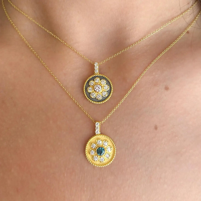 Georgios Collections 18 Karat Yellow Gold Flower Blue and White Diamond Pendant