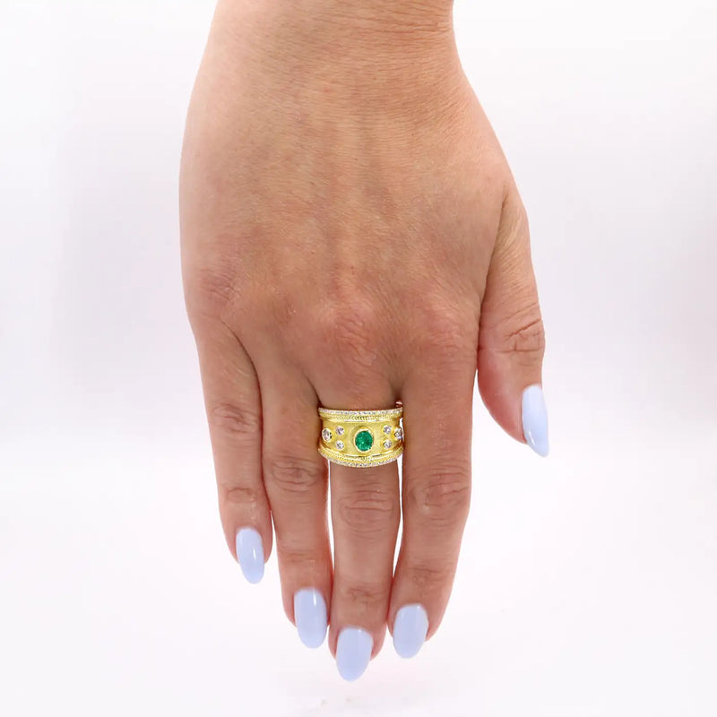 Georgios Collections 18 Karat Yellow Gold Byzantine Emerald and Diamond Ring