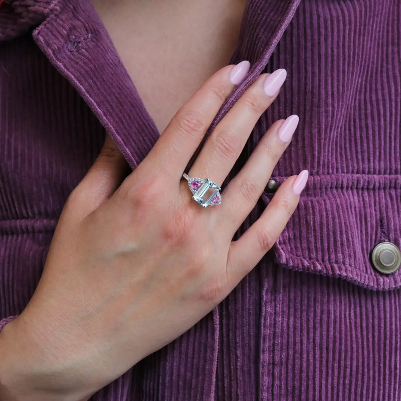 Georgios Collections 18K White Gold Aquamarine, Diamonds and Pink Sapphires Ring