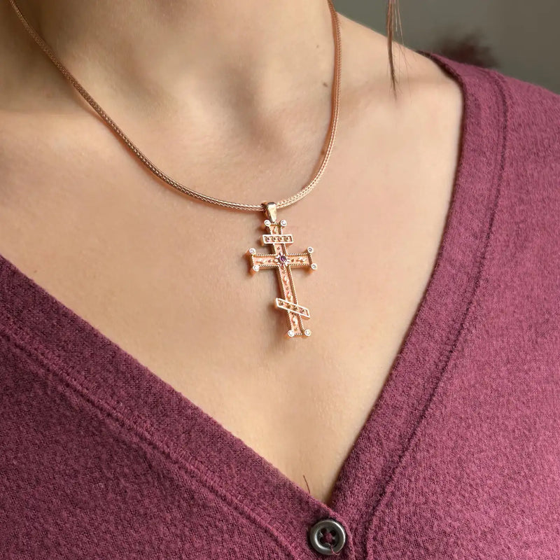 Georgios Collection 18 Karat Rose Gold Purple and White Diamond Cross with Chain
