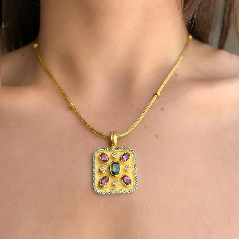 Georgios Collections 18 Karat Yellow Gold Tourmaline and Blue Diamond Pendant