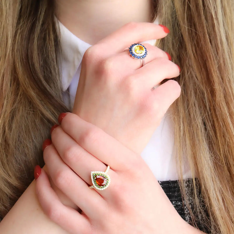 Georgios Collections 18 Karat Yellow Gold Orange Sapphire & Green Diamods Ring