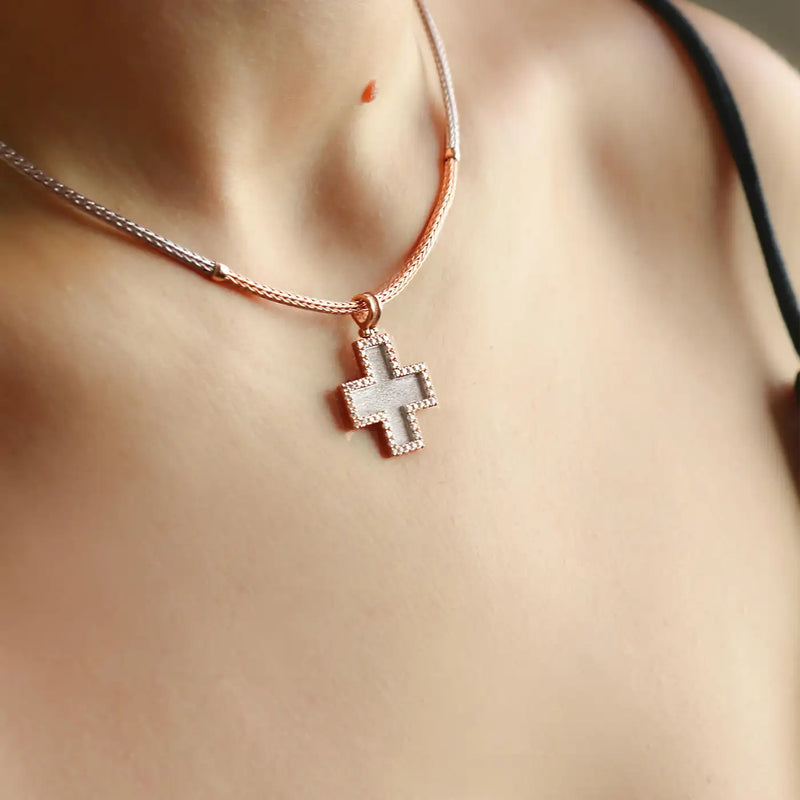 Georgios Collection 18 Karat Rose Gold Diamond Granulated Cross with Chain