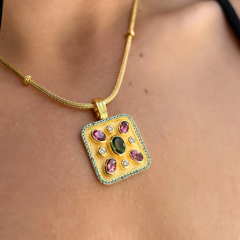 Georgios Collections 18 Karat Yellow Gold Tourmaline and Blue Diamond Pendant
