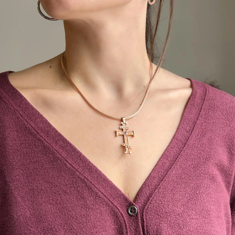 Georgios Collection 18 Karat Rose Gold Purple and White Diamond Cross with Chain
