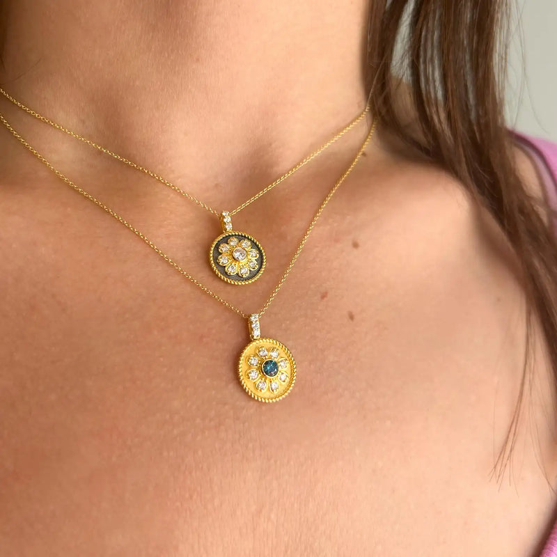 Georgios Collections 18 Karat Yellow Gold Flower Blue and White Diamond Pendant