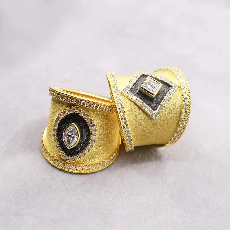 Georgios Collections 18 Karat Yellow Gold Navette Diamond Ring and Black Rhodium