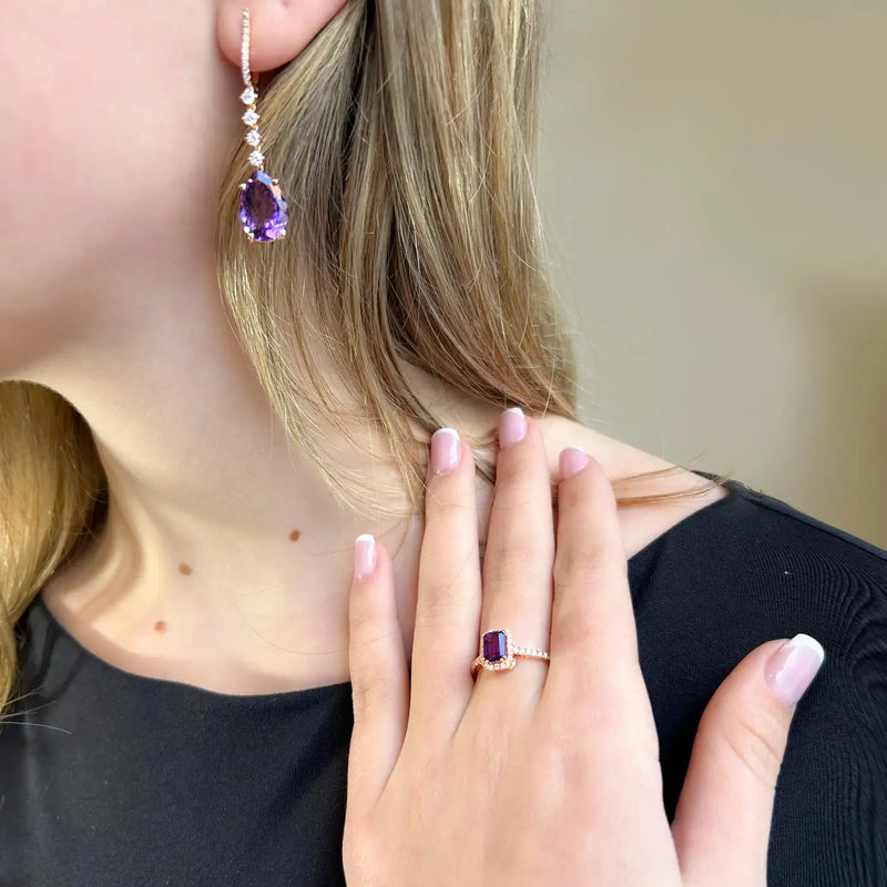 Georgios Collections 18 Karat Rose Gold Long Pear Amethyst Earrings with Diamond