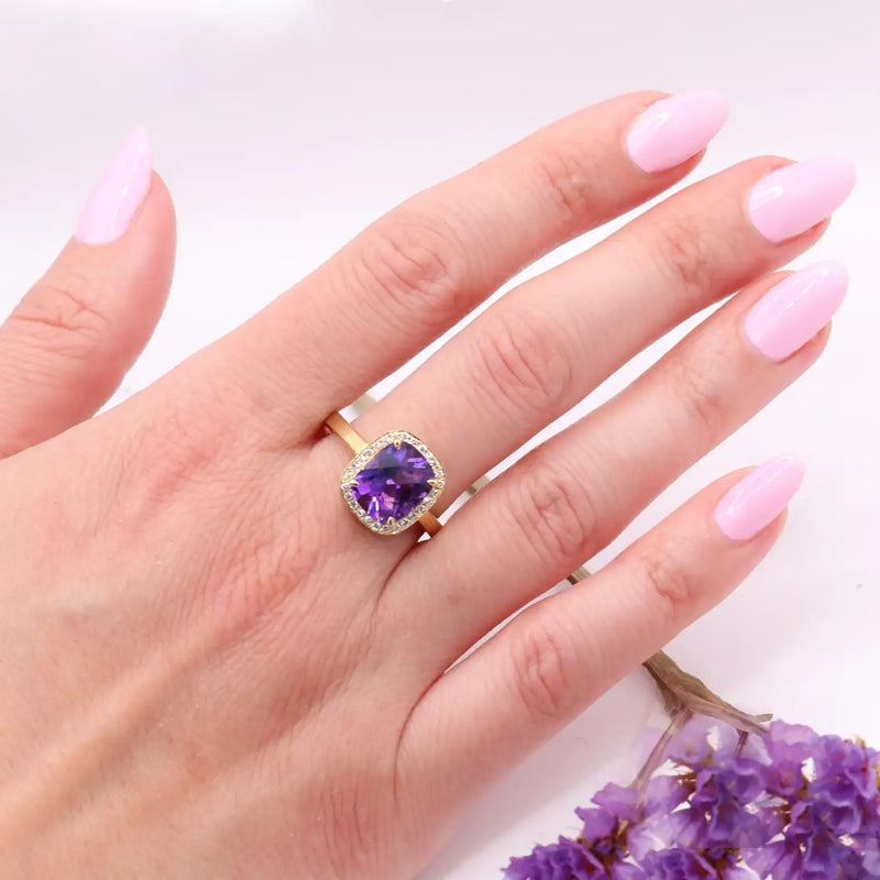 Georgios Collections 18 Karat Yellow Gold Amethyst Ring with Diamond Bezel