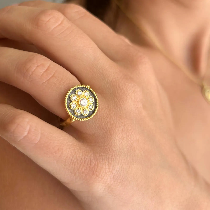 Georgios Collections 18 Karat Yellow Gold Flower Diamond Ring with Black Rhodium