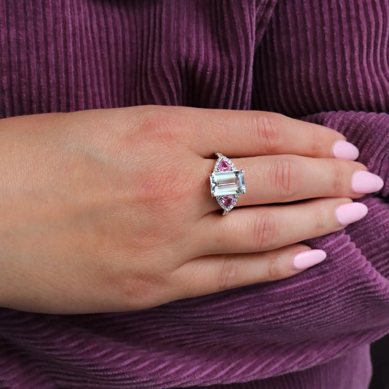 Georgios Collections 18K White Gold Aquamarine, Diamonds and Pink Sapphires Ring