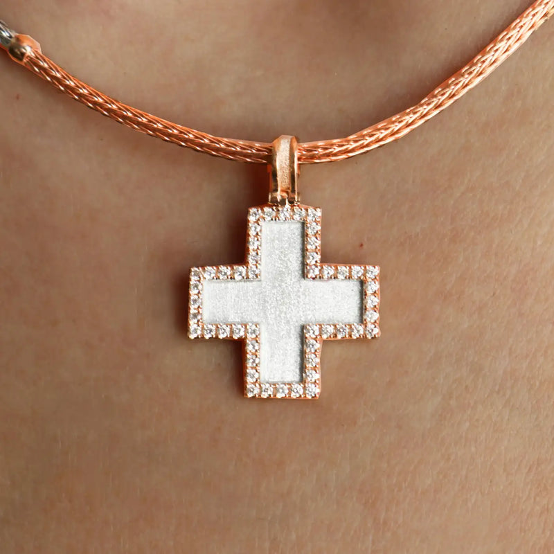 Georgios Collection 18 Karat Rose Gold Diamond Granulated Cross with Chain