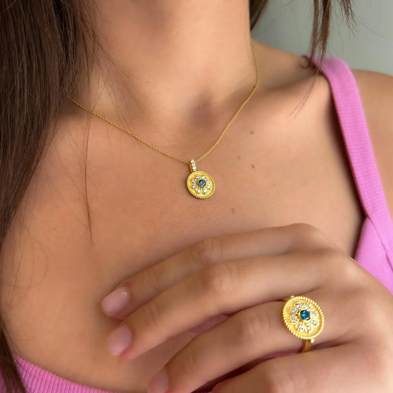 Georgios Collections 18 Karat Yellow Gold Flower Blue and White Diamond Pendant
