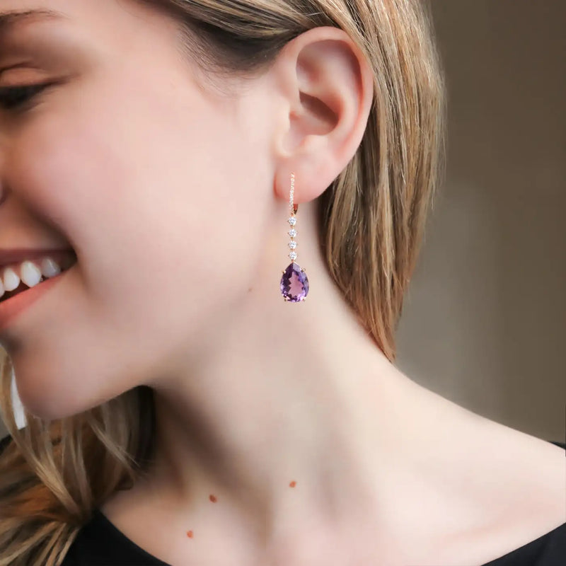 Georgios Collections 18 Karat Rose Gold Long Pear Amethyst Earrings with Diamond