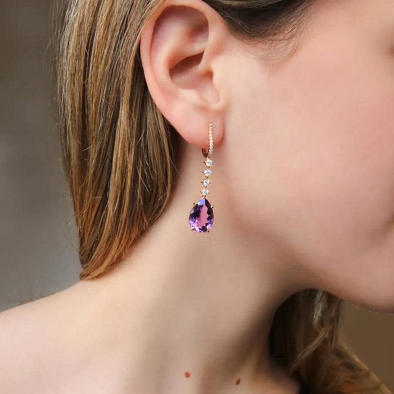 Georgios Collections 18 Karat Rose Gold Long Pear Amethyst Earrings with Diamond